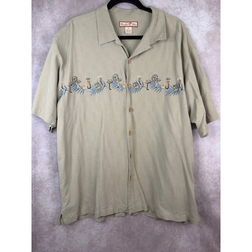 Paradise Blue Shirt Men 2X Green Silk Embroidered Tropical Cocktail Camp Martini